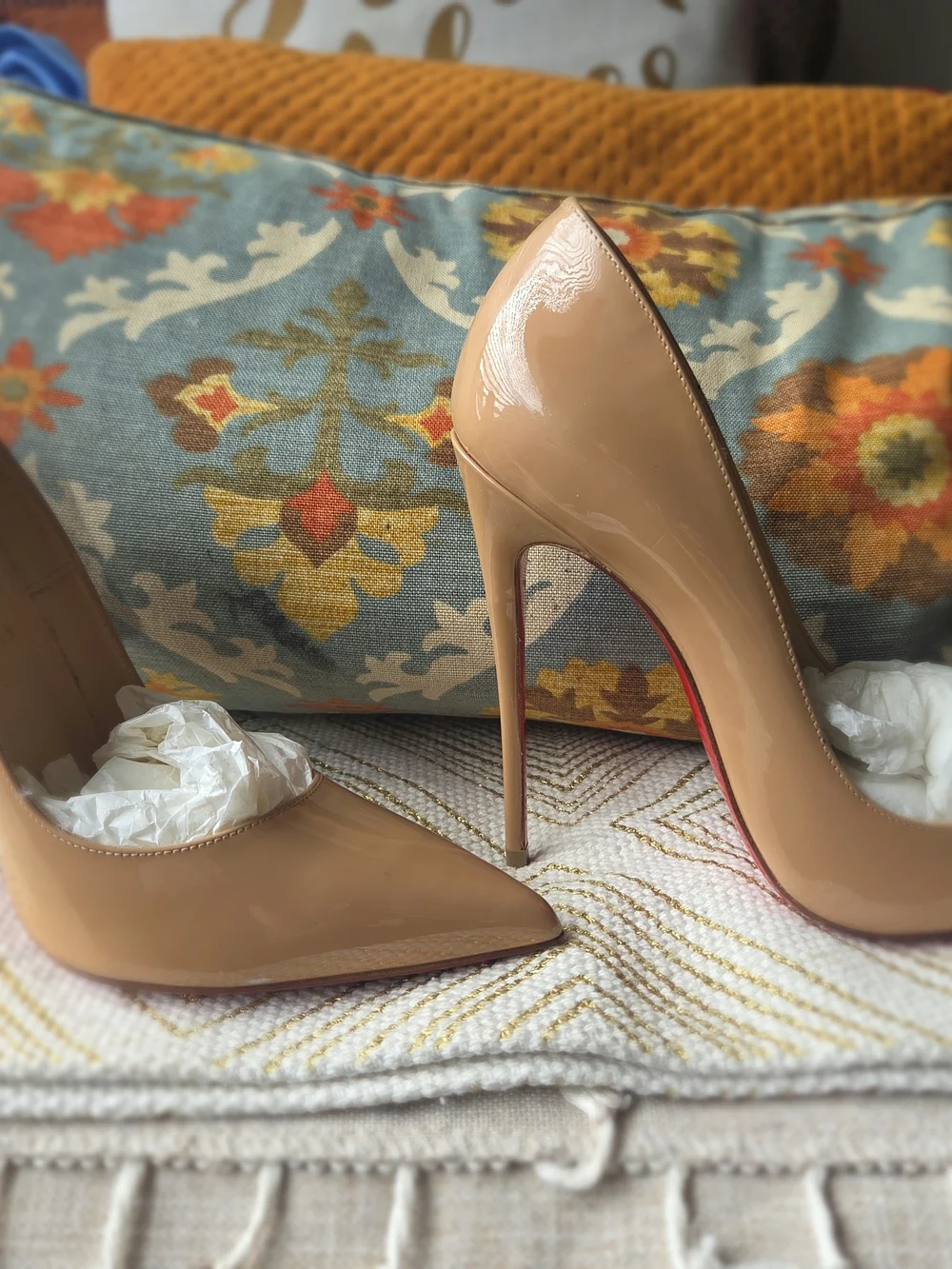Christian Louboutin Beige Patent Leather Pointed Toe Pumps with Red Soles